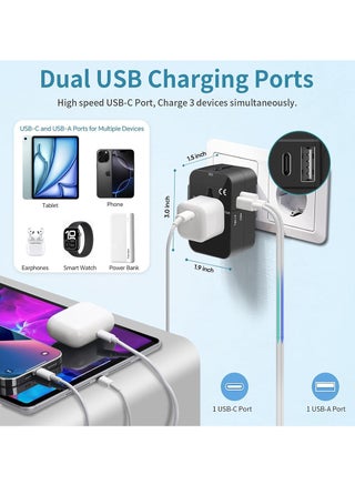 Travel Adapter,Worldwide All in One Universal Travel Adaptor AC Power Plug Adapter Wall Charger with USB-C and USB-A Charging Ports for USA EU UK AUS Black - view 3