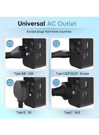 Travel Adapter,Worldwide All in One Universal Travel Adaptor AC Power Plug Adapter Wall Charger with USB-C and USB-A Charging Ports for USA EU UK AUS Black - view 4