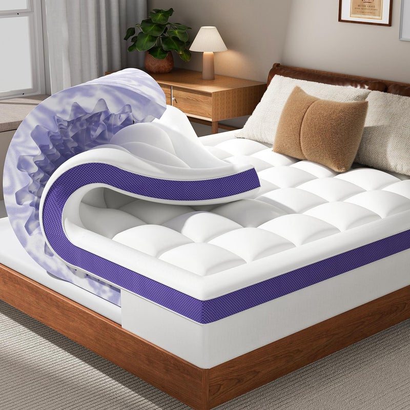 ChiXpace Dual Layer 4 Inch Memory Foam Mattress Topper Queen - 2 Inch Gel Memory Foam and 2 Inch Pillow Top Mattress Pad, 7-Zone Egg Crate Queen Size Mattress Topper (White) - Image 1
