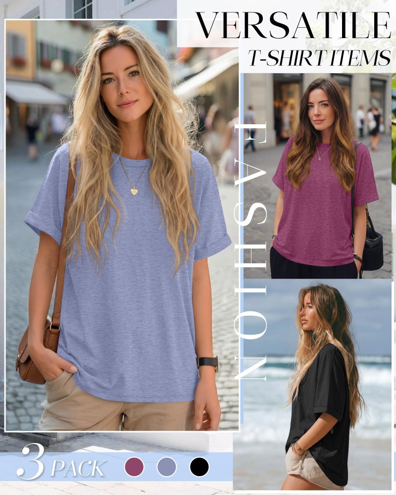 Riyiper 3 Pack Women's Oversized T-Shirt Half Sleeve Summer Tees Casual Loose Fit Crew Neck Basic Tops(Black, Fuchsia, Haze Blue,Medium) - Image 5