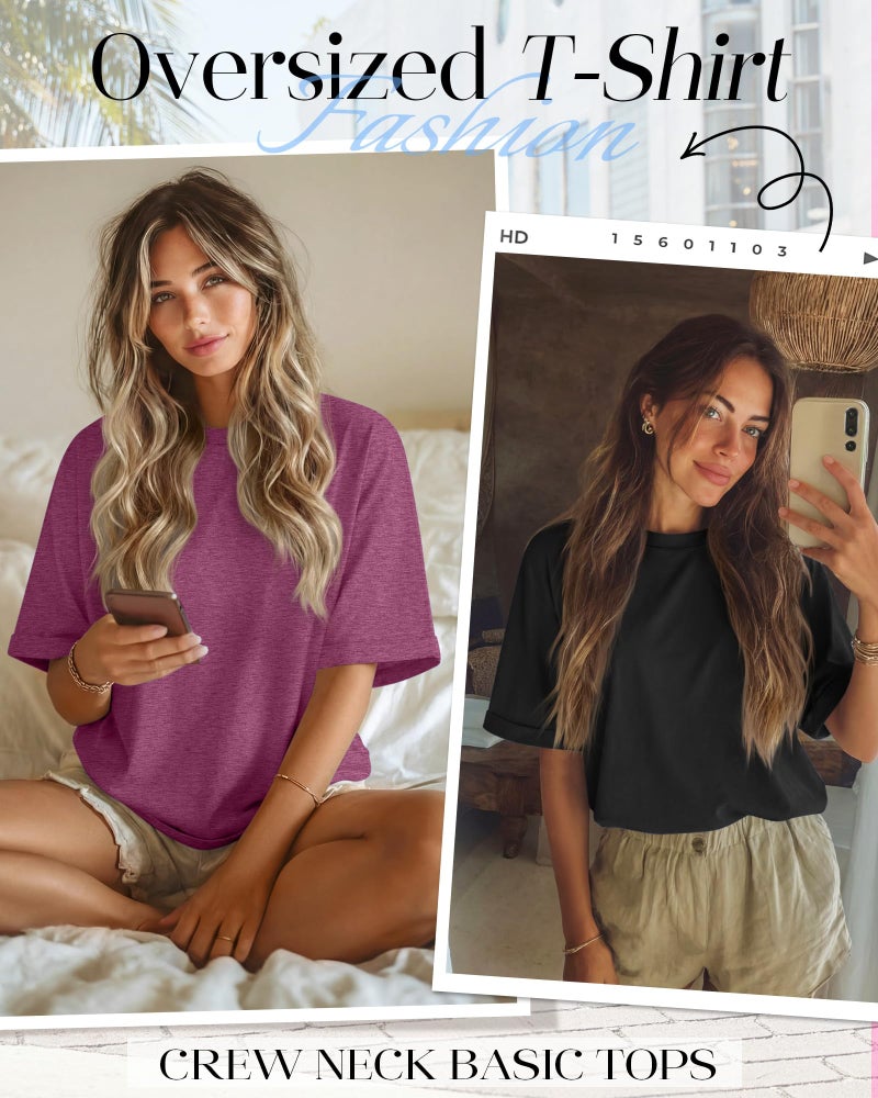 Riyiper 3 Pack Women's Oversized T-Shirt Half Sleeve Summer Tees Casual Loose Fit Crew Neck Basic Tops(Black, Fuchsia, Haze Blue,Medium) - Image 4