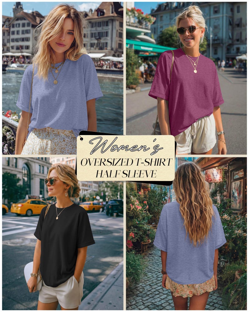 Riyiper 3 Pack Women's Oversized T-Shirt Half Sleeve Summer Tees Casual Loose Fit Crew Neck Basic Tops(Black, Fuchsia, Haze Blue,Medium) - Image 2
