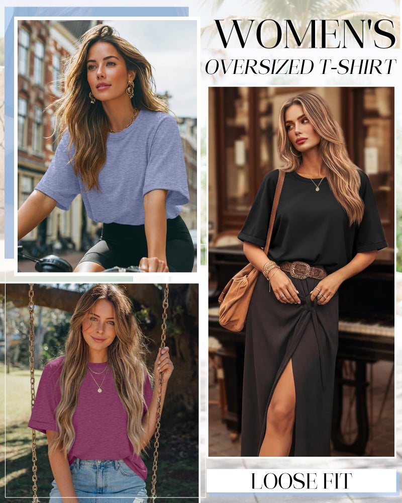 Riyiper 3 Pack Women's Oversized T-Shirt Half Sleeve Summer Tees Casual Loose Fit Crew Neck Basic Tops(Black, Fuchsia, Haze Blue,Medium) - Image 3