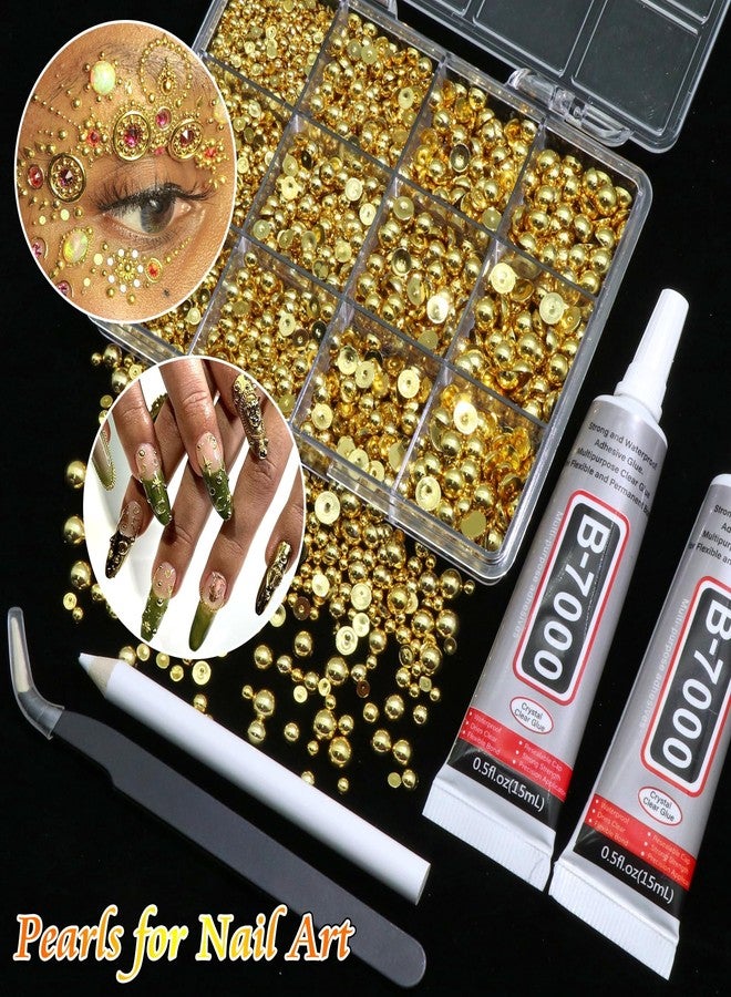 BELICEY Gold Nail Pearls Kits Multisize Flatback Pearl Beads for Nails Acrylic Half Round Pearls for DIY Craft with B7000 Jewelry Glue Pearl Nail Charms Nail Jewels Decorations with Tweezer Picker Pen - Image 4
