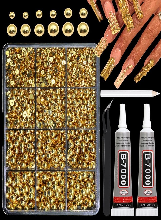 BELICEY Gold Nail Pearls Kits Multisize Flatback Pearl Beads for Nails Acrylic Half Round Pearls for DIY Craft with B7000 Jewelry Glue Pearl Nail Charms Nail Jewels Decorations with Tweezer Picker Pen - Image 1