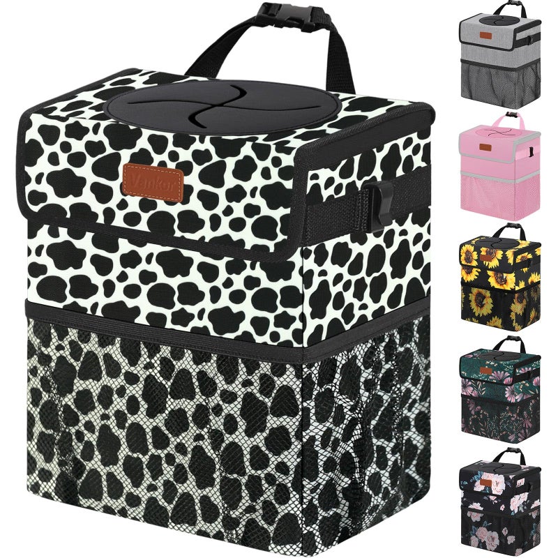 Vankor Car Trash Can for Car Cute,Bag Bin Hanging Waterproof Automotive Garbage Cans Leak Proof Vehicle Trash Can Cow Print - Image 1