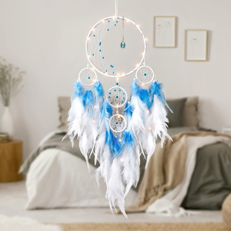KHOYIME LED Light Up Dream Catcher Half Circle Moon Decor with Lights Handmade Feather Dreamcatchers for Bedroom Bohemian Home Decor Wedding Ornament Craft Gift for Girls Boys (Blue) - Image 2