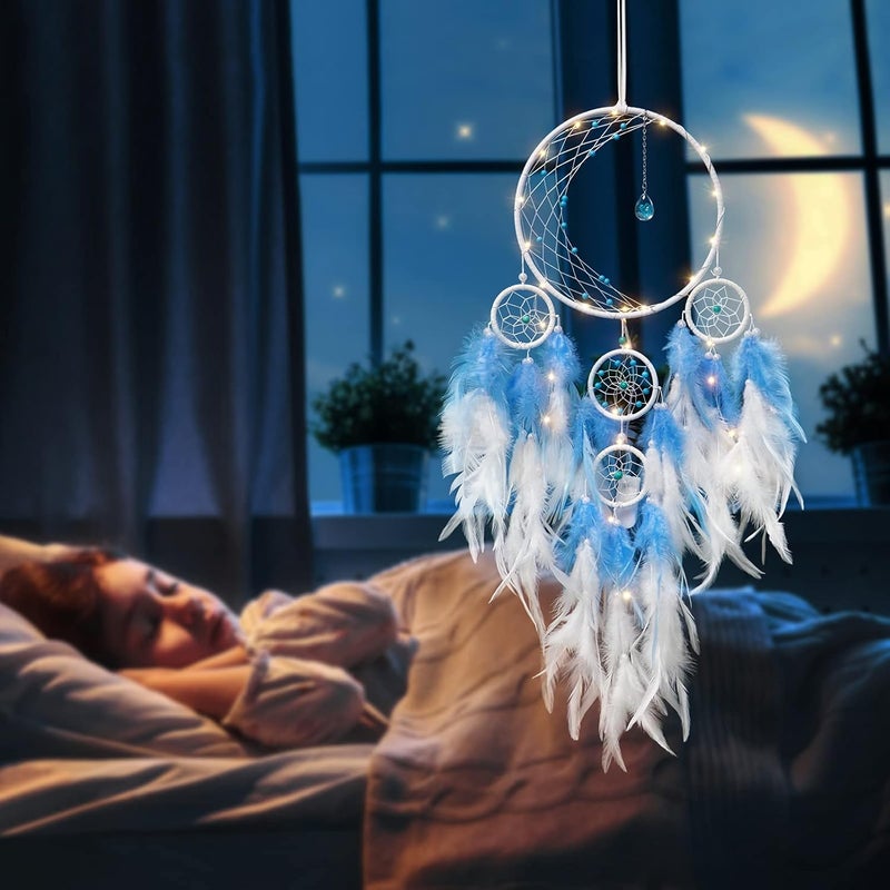 KHOYIME LED Light Up Dream Catcher Half Circle Moon Decor with Lights Handmade Feather Dreamcatchers for Bedroom Bohemian Home Decor Wedding Ornament Craft Gift for Girls Boys (Blue) - Image 4