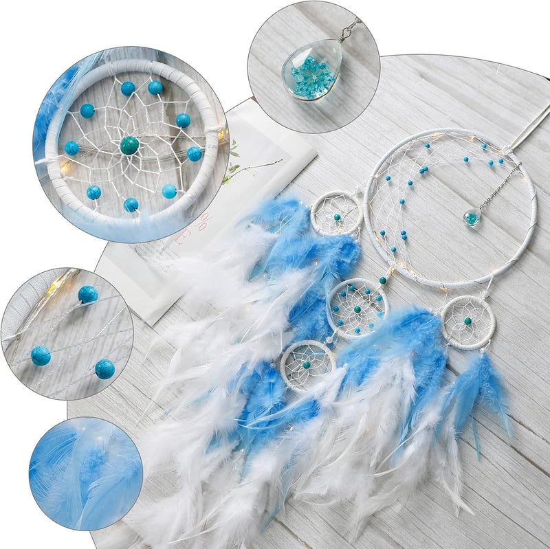 KHOYIME LED Light Up Dream Catcher Half Circle Moon Decor with Lights Handmade Feather Dreamcatchers for Bedroom Bohemian Home Decor Wedding Ornament Craft Gift for Girls Boys (Blue) - Image 3
