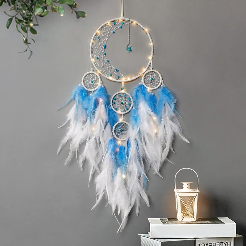KHOYIME LED Light Up Dream Catcher Half Circle Moon Decor with Lights Handmade Feather Dreamcatchers for Bedroom Bohemian Home Decor Wedding Ornament Craft Gift for Girls Boys (Blue) - Image 5