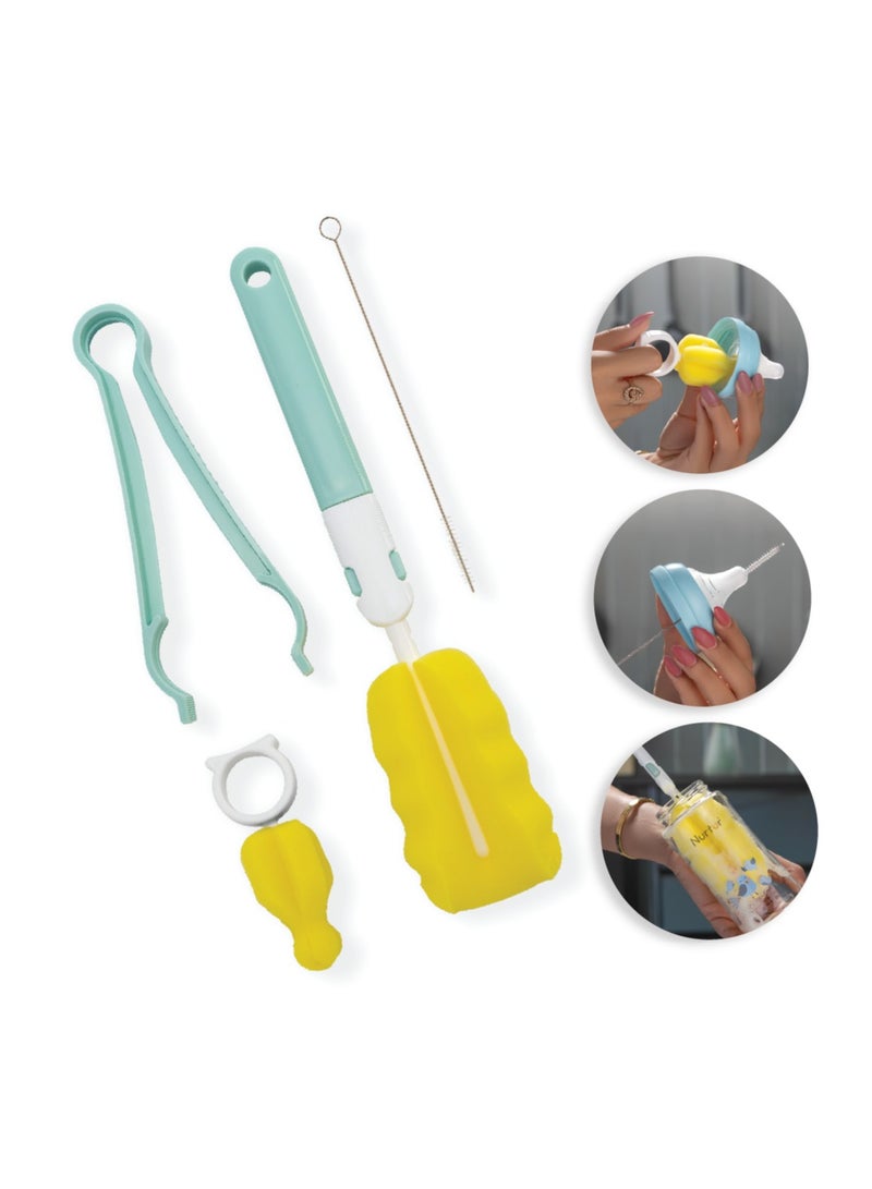 Nurtur 4 in 1 Baby Bottle Brush, Sponge Absorbant brush for effective cleaning with Teat Brush and Sterile Tongs Oncluded - Image 1
