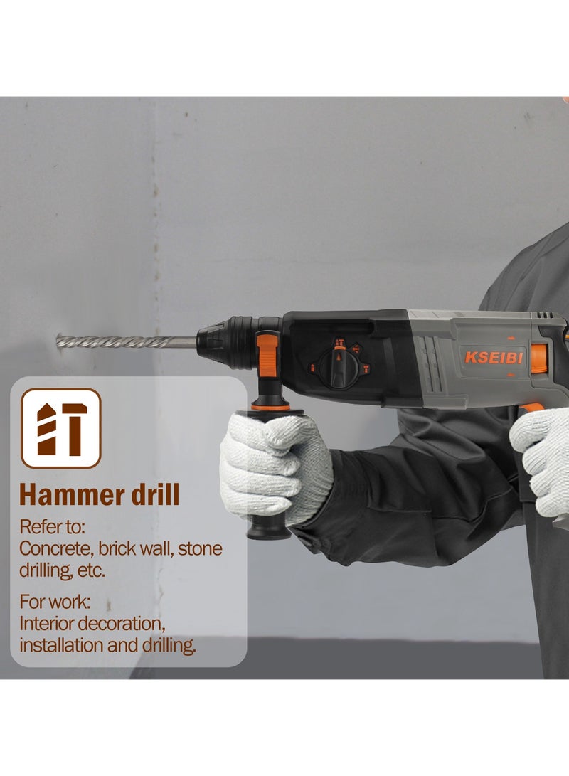 كسيبي مثقاب دوار SDS Plus، مطرقة هدم كهربائية شديدة التحمل بقوة 800 واط للخرسانة، مثقاب مطرقة هدم كهربائية مع قابض أمان مع التحكم في الاهتزاز، بما في ذلك 3 رؤوس مثقاب، وإزميل مسطح ومدبب. - Image 5