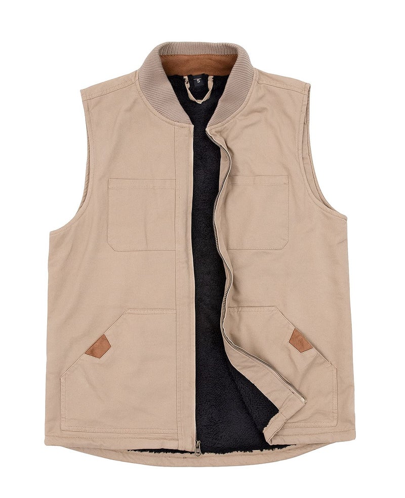 ThCreasa Mens Winter Sleeveless Outdoor Vest Sherpa Fleece Lined Canvas Utility Hunting Work Vest Jackets Khaki L - Image 1