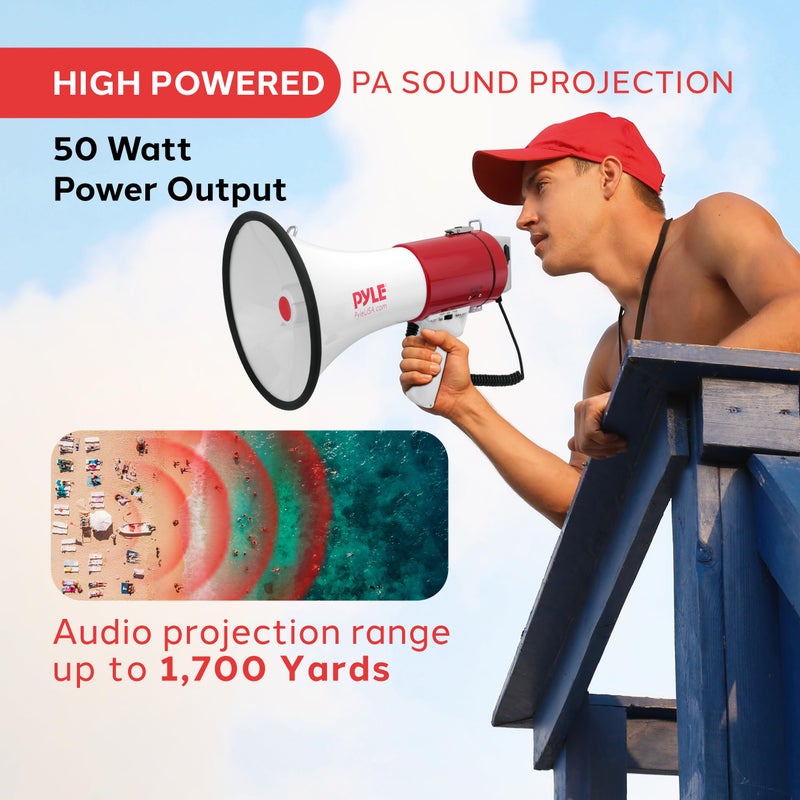 Pyle Pyle Megaphone Speaker PA Bullhorn - with Built-in Siren 50 Watts Adjustable Volume Control & Record Function - Ideal for Football, Baseball, Cheerleading Fans, Coaches or for Safety Drills PMP58U  - Image 2