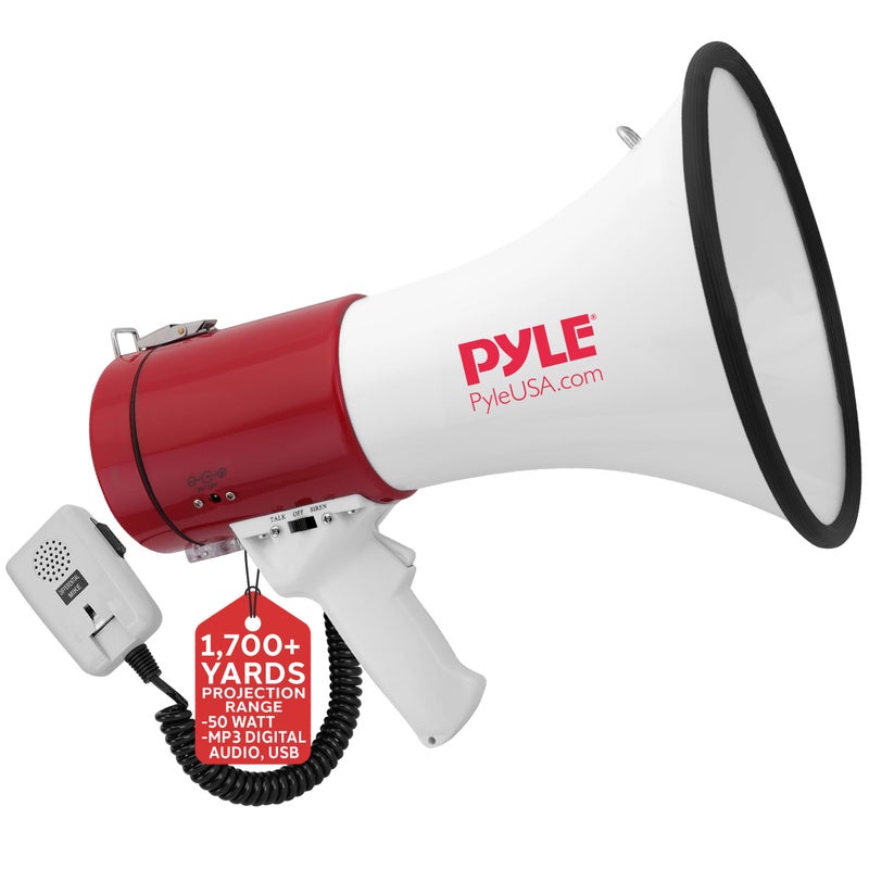 Pyle Pyle Megaphone Speaker PA Bullhorn - with Built-in Siren 50 Watts Adjustable Volume Control & Record Function - Ideal for Football, Baseball, Cheerleading Fans, Coaches or for Safety Drills PMP58U  - Image 1