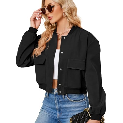 Zando Black Jacket Women - Short Black Cropped Jacket Women Button Down Womens Jackets Fall with Side Pockets Long Sleeve Baseball Varsity Jackets Womens for Daily Work Outdoor Travel Parties M - Image 1