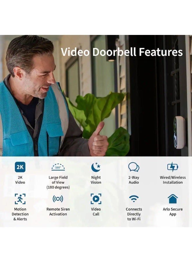 أرلو Arlo Smart Wi-Fi Video Doorbell 2nd Generation - Wired/Battery Operated with 2K Resolution - White - Image 2