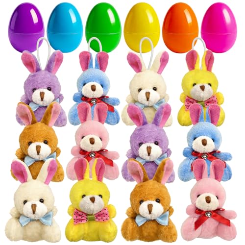 Abakuku 12 Pcs Prefilled Easter Eggs Plush Toy 235in Bright Colorful Eggs Prefilled with Variety Plush Bunnies Easter Basket Stuffers Party Favors Gift Bags - Image 1