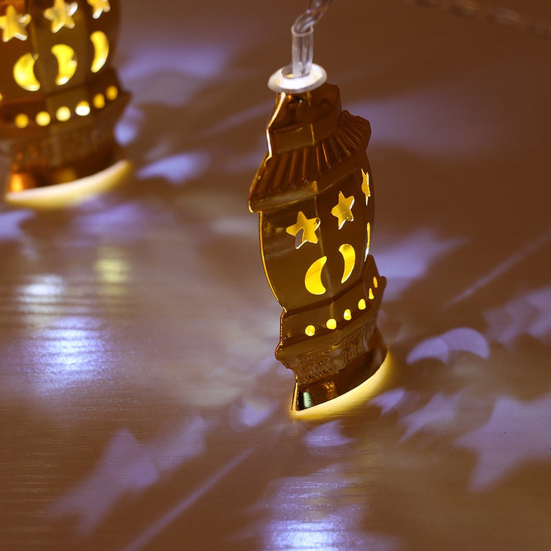 🏠 أضواء سلسلة حديدية رمضان للمسلمين فانوس ذهبي إضاءة عيد للزينة والمناسبات مع 20 مصباح ليد مضيئة وثابتة مع وميض - Image 3