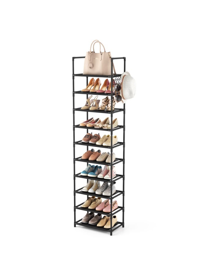 Bukela 10 Tiers Tall Shoe Rack 20-25 Pairs Boots Organizer Storage Sturdy Narrow Shoe Shelf for Entryway, Closets with Hooks, Black - Image 1