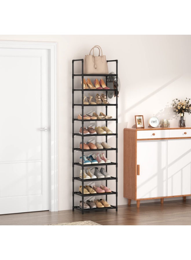 Bukela 10 Tiers Tall Shoe Rack 20-25 Pairs Boots Organizer Storage Sturdy Narrow Shoe Shelf for Entryway, Closets with Hooks, Black - Image 2