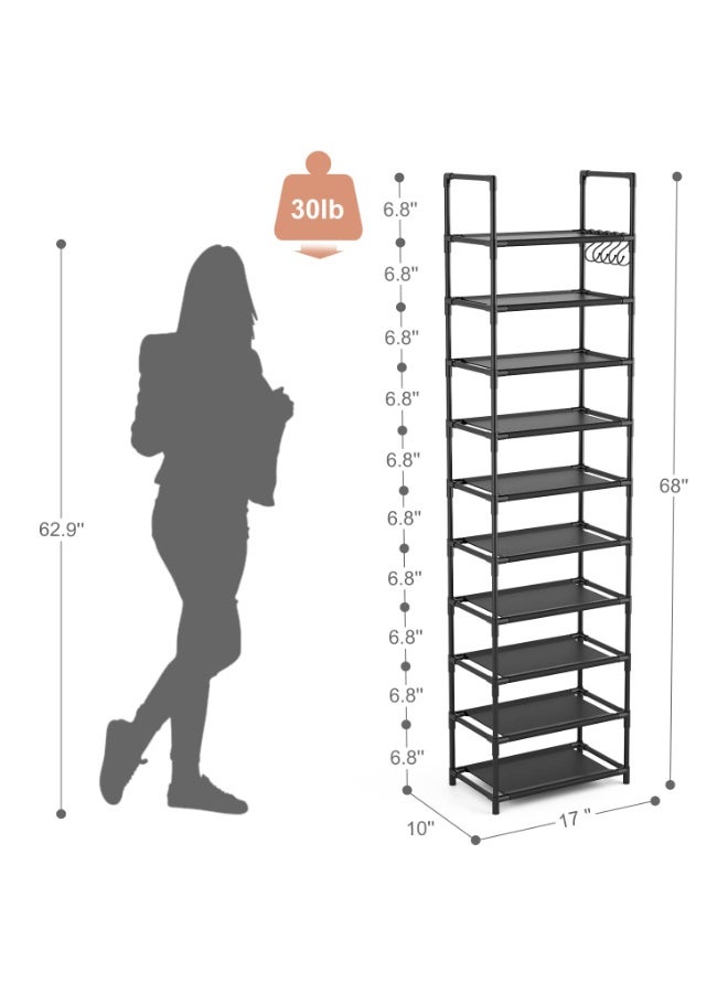 Bukela 10 Tiers Tall Shoe Rack 20-25 Pairs Boots Organizer Storage Sturdy Narrow Shoe Shelf for Entryway, Closets with Hooks, Black - Image 3