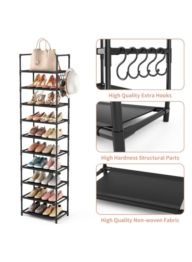 Bukela 10 Tiers Tall Shoe Rack 20-25 Pairs Boots Organizer Storage Sturdy Narrow Shoe Shelf for Entryway, Closets with Hooks, Black - Image 4