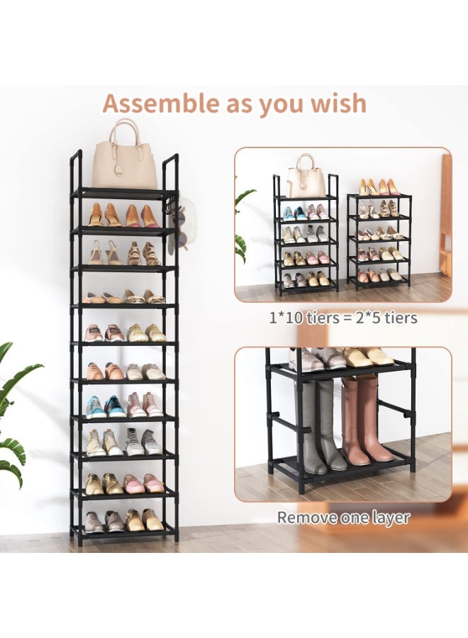 Bukela 10 Tiers Tall Shoe Rack 20-25 Pairs Boots Organizer Storage Sturdy Narrow Shoe Shelf for Entryway, Closets with Hooks, Black - Image 5
