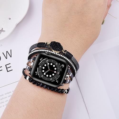 VISOOM Beaded Boho Bracelet Compatible for Apple Watch Band 40mm/38mm/41mm/42mm iWatch Series 10 9 8 7 SE 6/5/4 Women Leather Fashion Cute Handmade Multilayer Wrap Watch Straps for Apple Bands 3/2/1 - Image 2