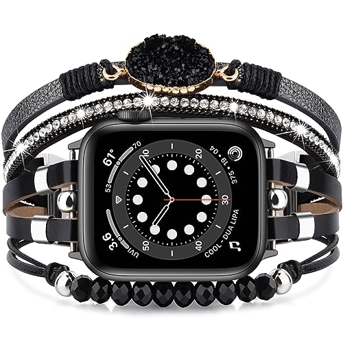 VISOOM Beaded Boho Bracelet Compatible for Apple Watch Band 40mm/38mm/41mm/42mm iWatch Series 10 9 8 7 SE 6/5/4 Women Leather Fashion Cute Handmade Multilayer Wrap Watch Straps for Apple Bands 3/2/1 - Image 1