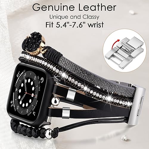 VISOOM Beaded Boho Bracelet Compatible for Apple Watch Band 40mm/38mm/41mm/42mm iWatch Series 10 9 8 7 SE 6/5/4 Women Leather Fashion Cute Handmade Multilayer Wrap Watch Straps for Apple Bands 3/2/1 - Image 3