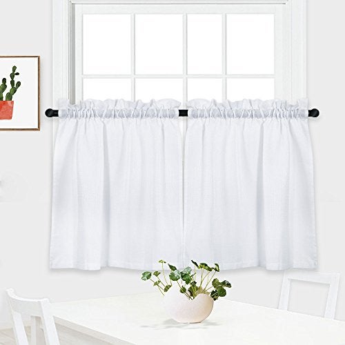 NANAN Tier Curtains, Waffle Weave Textured Short Curtain for Bathroom Waterproof Window Covering Kitchen Cafe Curtains - 30" x 24", White, Set of 2 - Image 2
