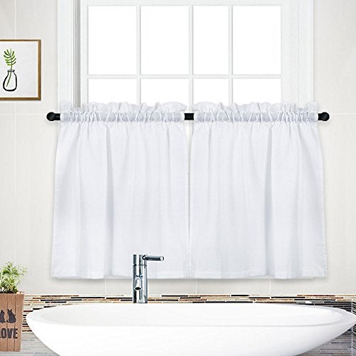 NANAN Tier Curtains, Waffle Weave Textured Short Curtain for Bathroom Waterproof Window Covering Kitchen Cafe Curtains - 30" x 24", White, Set of 2 - Image 1