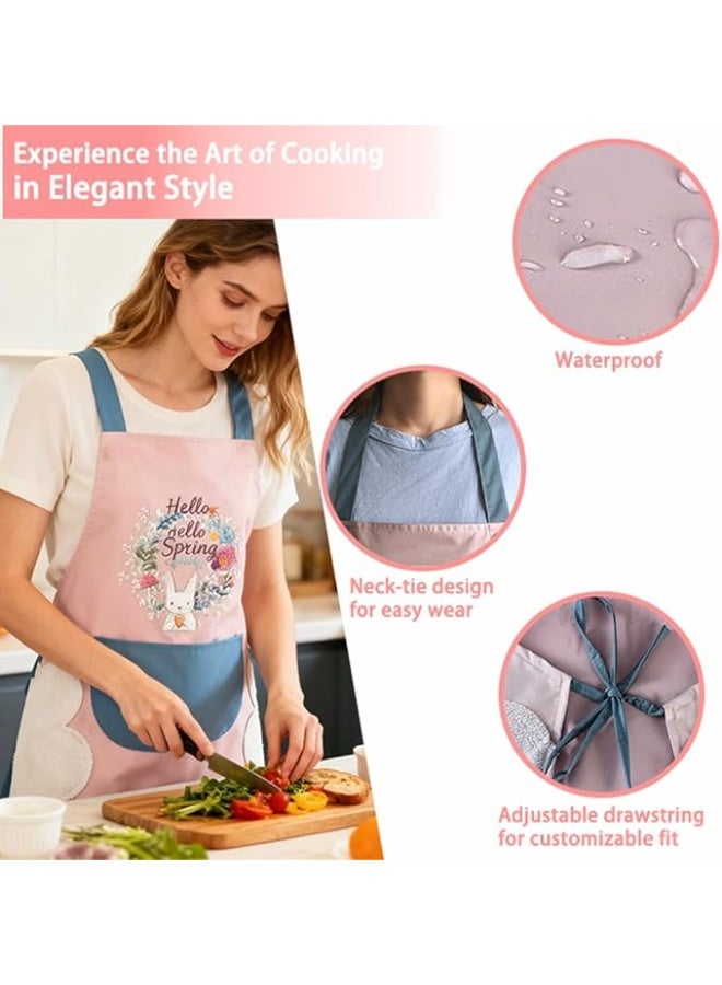 مجموعة مريلة مطبخ مقاومة للماء من قطعتين – مريلة طبخ بتصميم أرنب لطيف مع جيب، مناسبة للطبخ والتنظيف المنزلي (وردي وأزرق) - Image 4