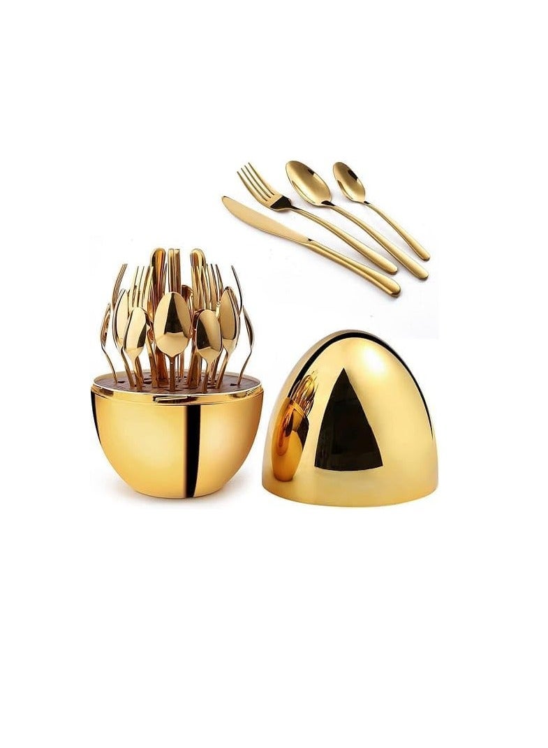 30 Piece Stainless Steel Spoon Set with Gold Egg Stand: Luxury Design, Perfect Gift for Bride Bu (Gold)  - Image 1