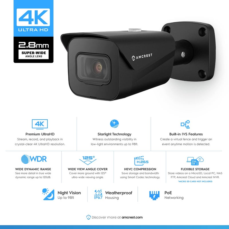 Amcrest UltraHD 4K (8MP) Outdoor Bullet Security IP POE Camera, 98ft NightVision, 2.8mm Lens, IP67 Weatherproof, 256GB MicroSD Recording, Black (IP8M-2496EB-V2) - Image 2