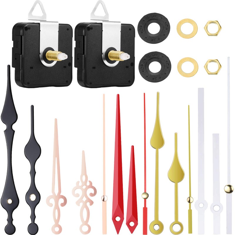 Mudder 2 Pieces High Torque Long Shaft Clock Movement Mechanism with 5 Pairs Different Hands Replacement Clock Repair Parts 