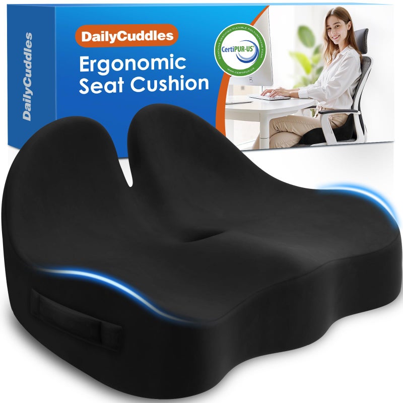 DailyCuddles Seat Cushion, Chair Cushions for Office Chairs/Desk Seats/Wheelchair - Hip&Sciatica&Tailbone Pain Relief Memory Foam Office Chair Cushion for Long Sitting Office Workers, Black - Image 1