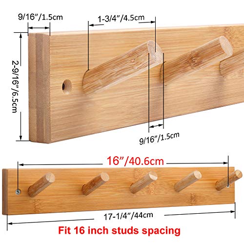 WEBI Coat Rack Wall Mounted,16" Hole to Hole,Coat Hanger Wall Mount with 5 Hooks for Hanging Coats,Hook Rack Peg Rail for Hats,Jacket,Clothes,Towels,Natural - Image 2