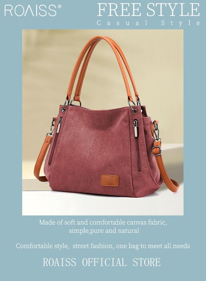roaiss Large Capacity Shoulder Tote Bag Casual Canvas Handbag Crossbody with Long Strap Multi Pocket for Young Women Teenagers School Shopping  - Image 4
