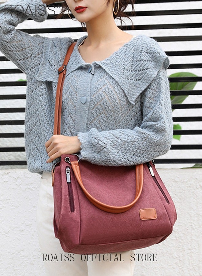 roaiss Large Capacity Shoulder Tote Bag Casual Canvas Handbag Crossbody with Long Strap Multi Pocket for Young Women Teenagers School Shopping  - Image 1