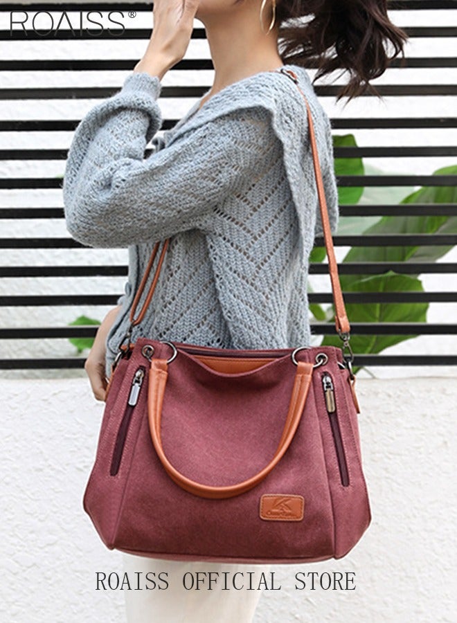 roaiss Large Capacity Shoulder Tote Bag Casual Canvas Handbag Crossbody with Long Strap Multi Pocket for Young Women Teenagers School Shopping  - Image 3