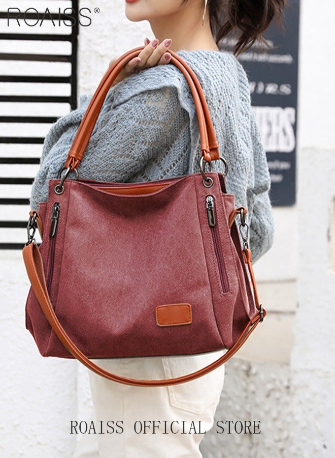 roaiss Large Capacity Shoulder Tote Bag Casual Canvas Handbag Crossbody with Long Strap Multi Pocket for Young Women Teenagers School Shopping  - Image 2