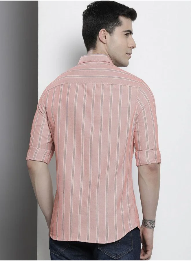 شركة المرآب الهندية Men Regular Fit Striped Full Sleeves Cutaway Collar Casual Shirt