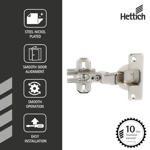 Hettich Slide On 9.5K Soft Close Cabinet Hinge with Mounting Plate, 4 Hole Half Overlay, Nickel Plated, 95° Opening, for 14-25mm Panels, Pack of 5 (10 Hinges) - Image 3
