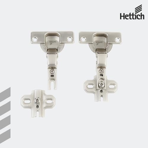 Hettich Slide On 9.5K Soft Close Cabinet Hinge with Mounting Plate, 4 Hole Half Overlay, Nickel Plated, 95° Opening, for 14-25mm Panels, Pack of 5 (10 Hinges) - Image 4