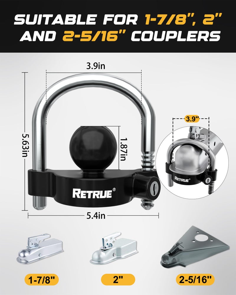 RETRUE Keyed Alike Trailer Lock Set Tow & Store Lock Kit Include Universal Coupler Lock & Dual Hitch Receiver Pin Lock & Trailer Tongue Lock, Black - Image 3