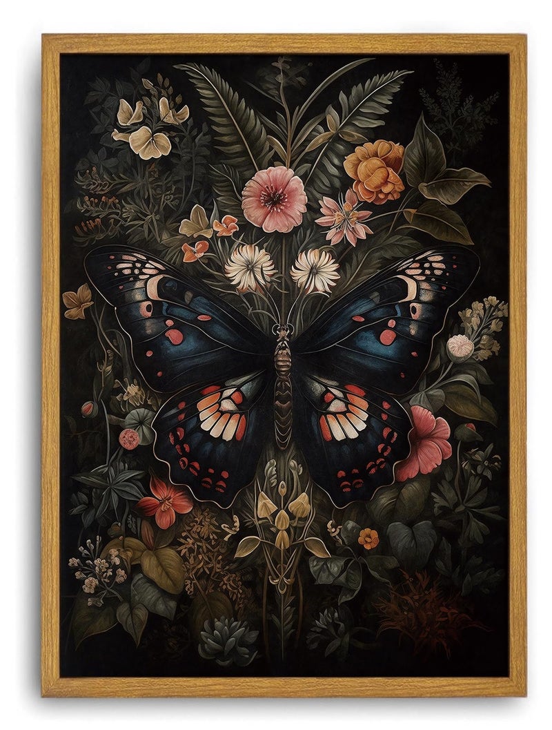 Djmwtb Framed Wall Art Vintage Wall Decor Butterfly Canvas Art Floral Pictures Insect Paintings Botanical Prints Moody Artwork for Bedroom Living Room - Image 1