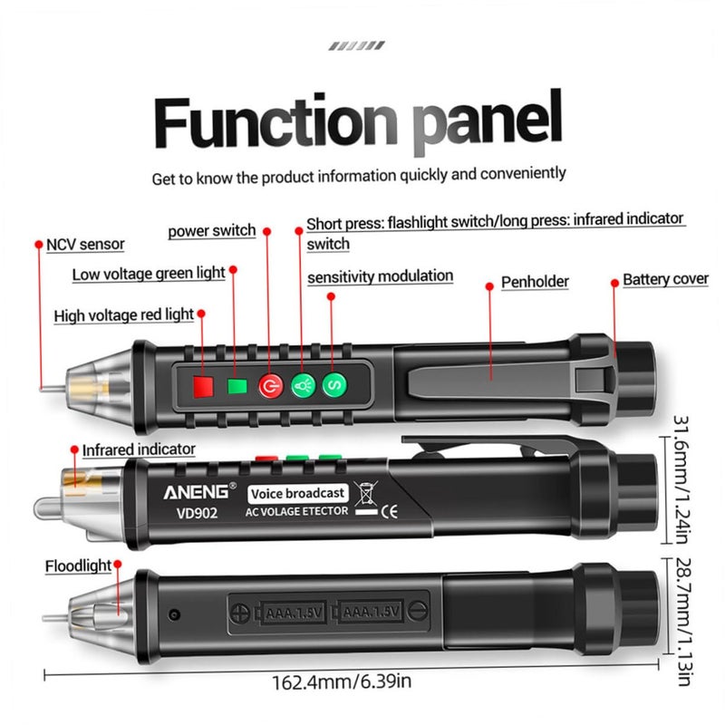 Black Electric Voltage Detector Non Contact Tester With Voice Prompt Flashlight Volt Measurement - Image 3