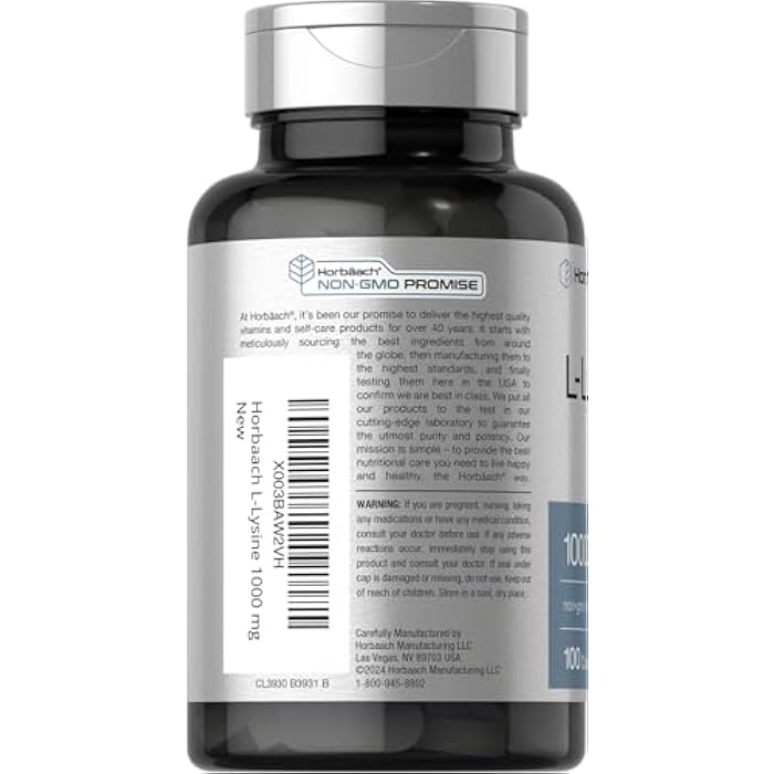 Horbäach L-Lysine 1000mg | 100 Coated Caplets | Free Form Dietary Supplement | Essential Amino Acid | Vegetarian, Non-GMO, and Gluten Free Formula - Image 3